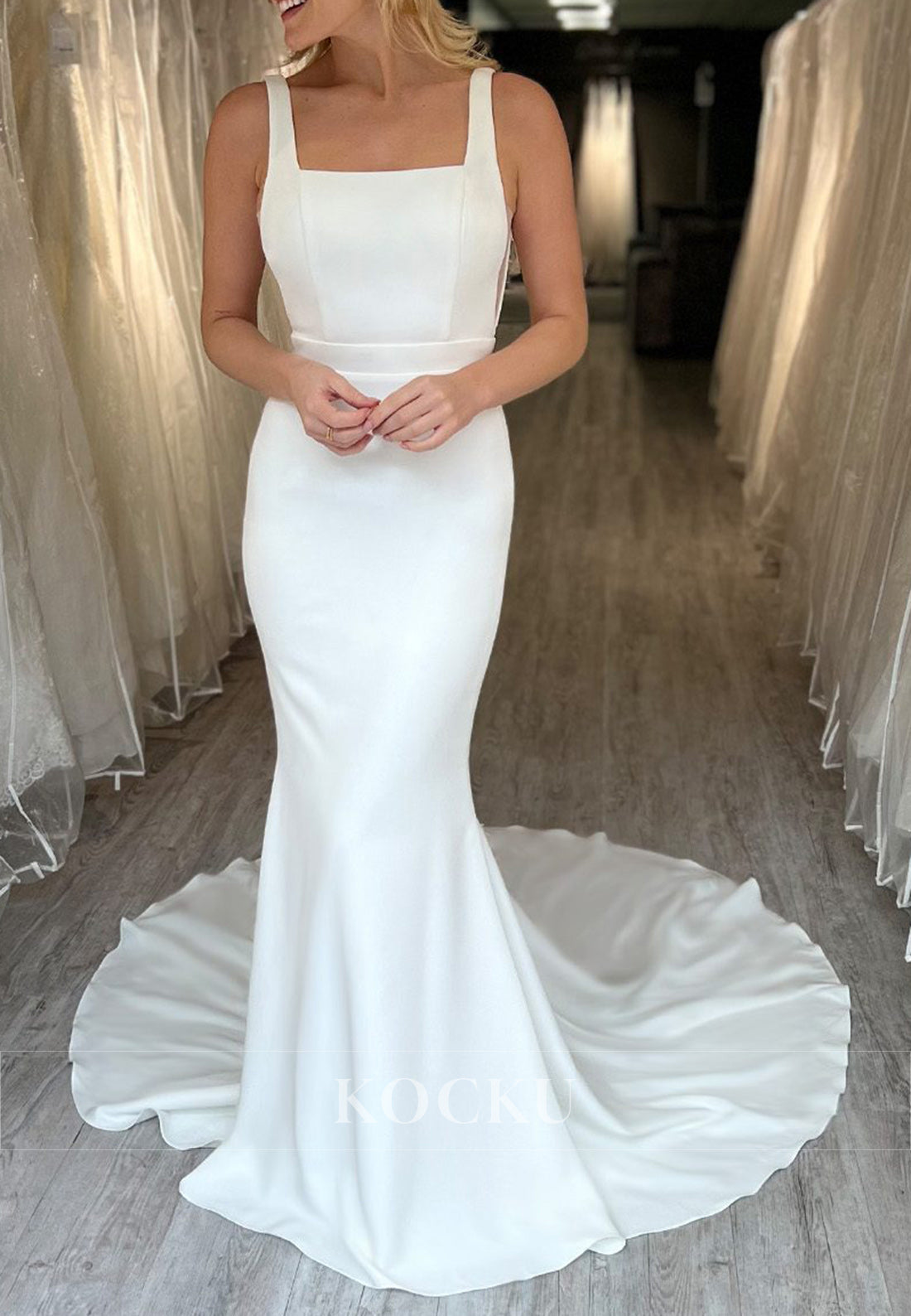 Square Neck Spaghetti Strap Open Back Mermaid Wedding Dress with Sheer Sides