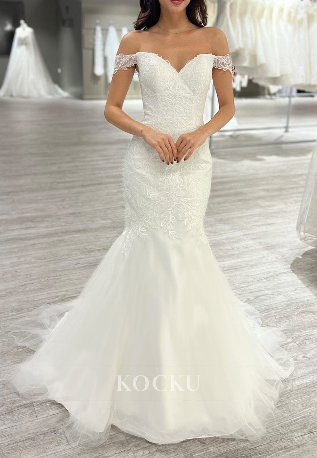 Elegant Off - Shoulder Lace Mermaid Wedding Dress with Tulle Train