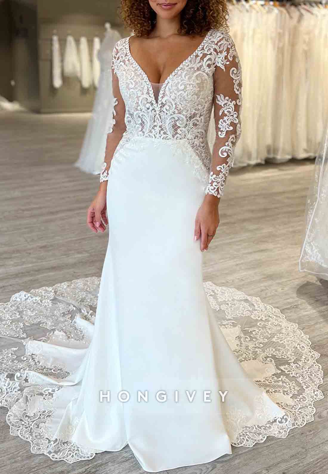 Lace V Neck Court Train Pleated Long Sleeves Cut out Back Wedding Dresses