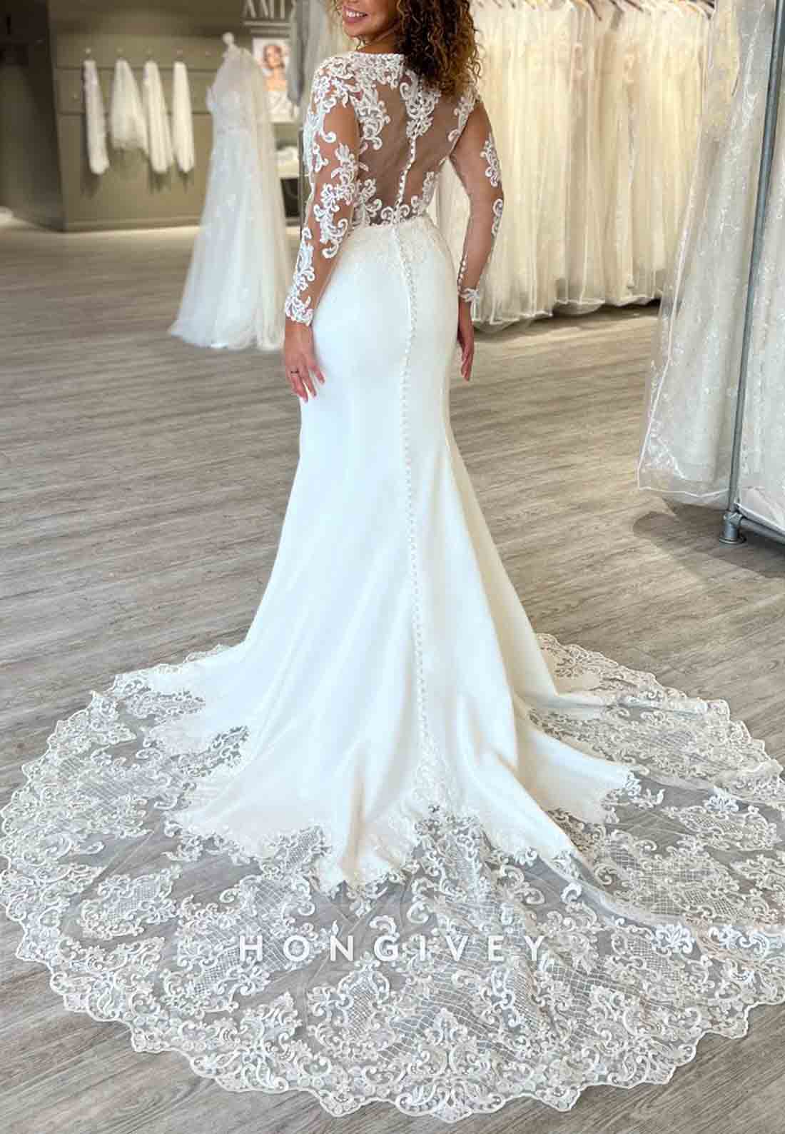 Lace V Neck Court Train Pleated Long Sleeves Cut out Back Wedding Dresses