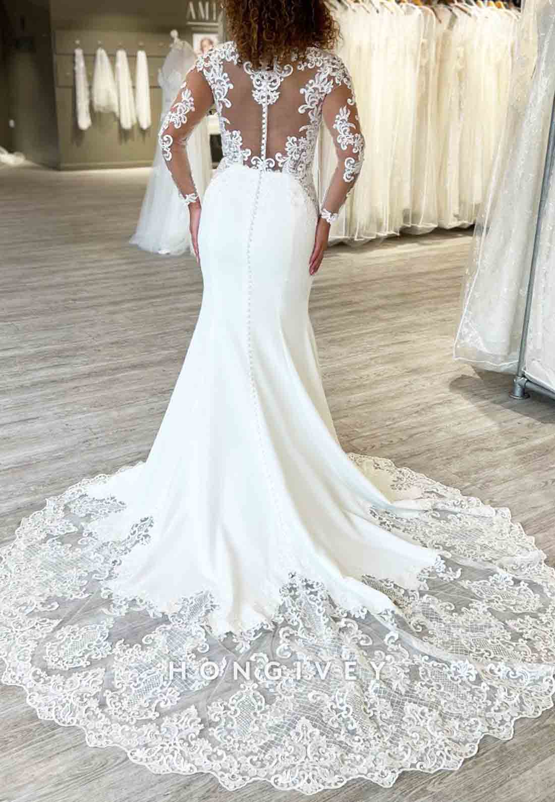 Lace V Neck Court Train Pleated Long Sleeves Cut out Back Wedding Dresses