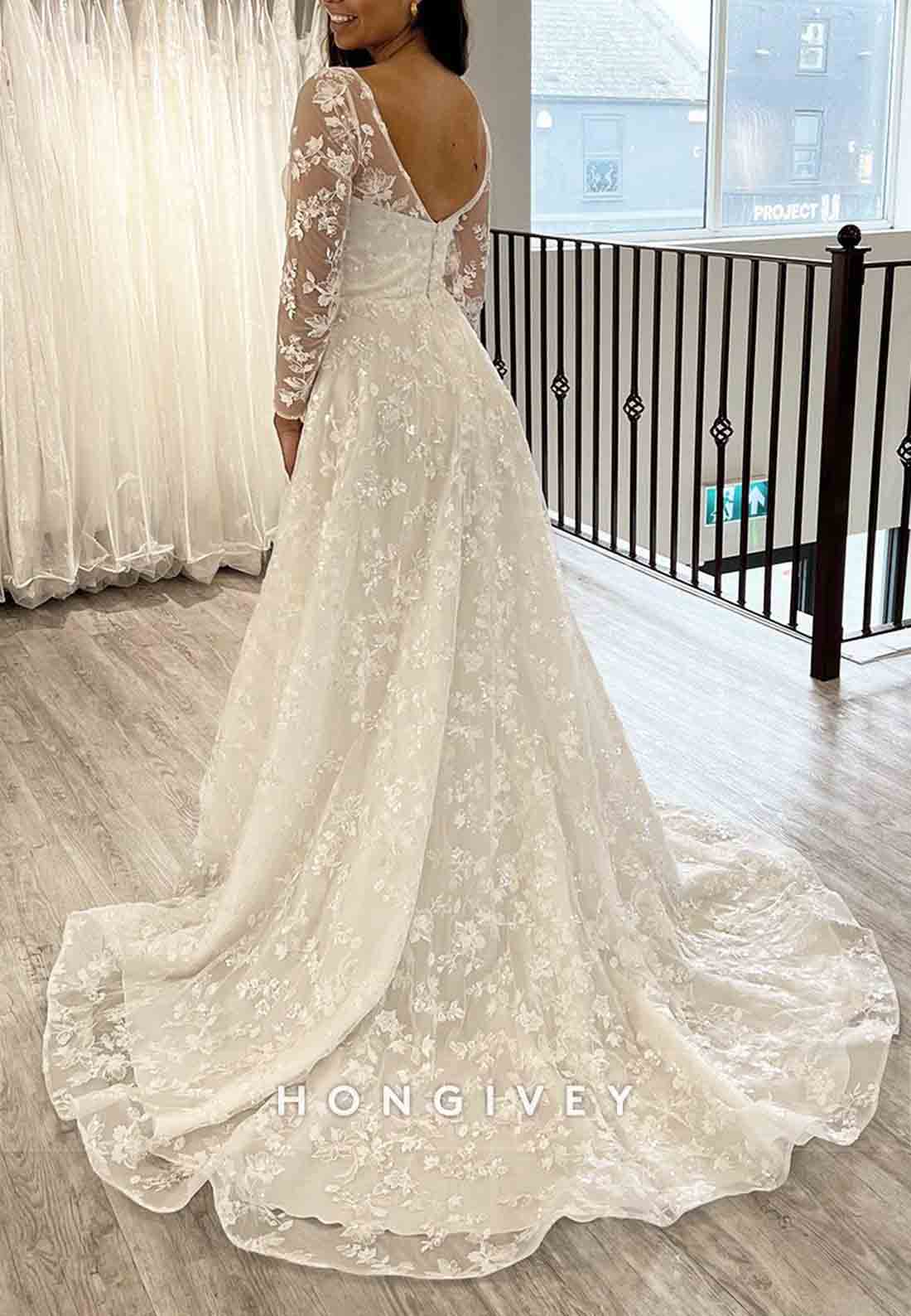V Back A-line Court Train V Neck Lace Long Sleeve Wedding Dresses