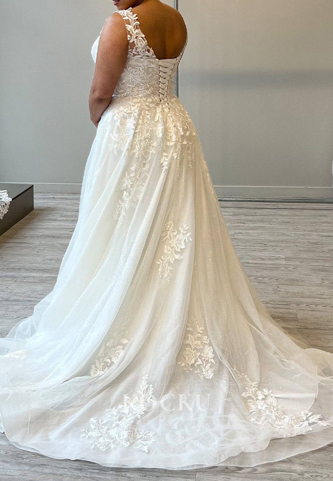 Plunge V - Neck Lace-Up Tulle Ball Gown Wedding Dress with Floral Appliqués