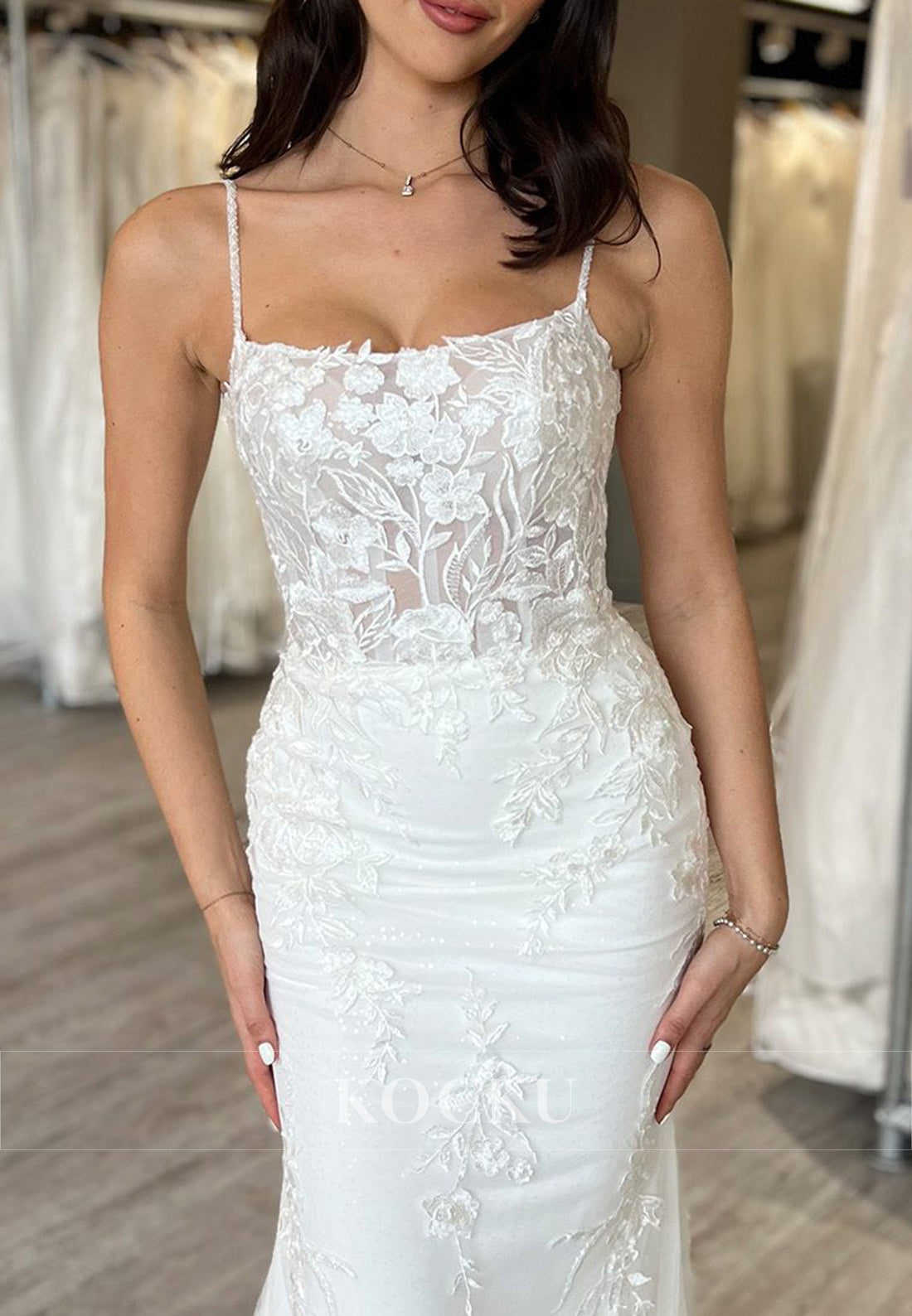 Spaghetti Strap Backless Sheer Lace Mermaid Wedding Dress with Floral Embroidery