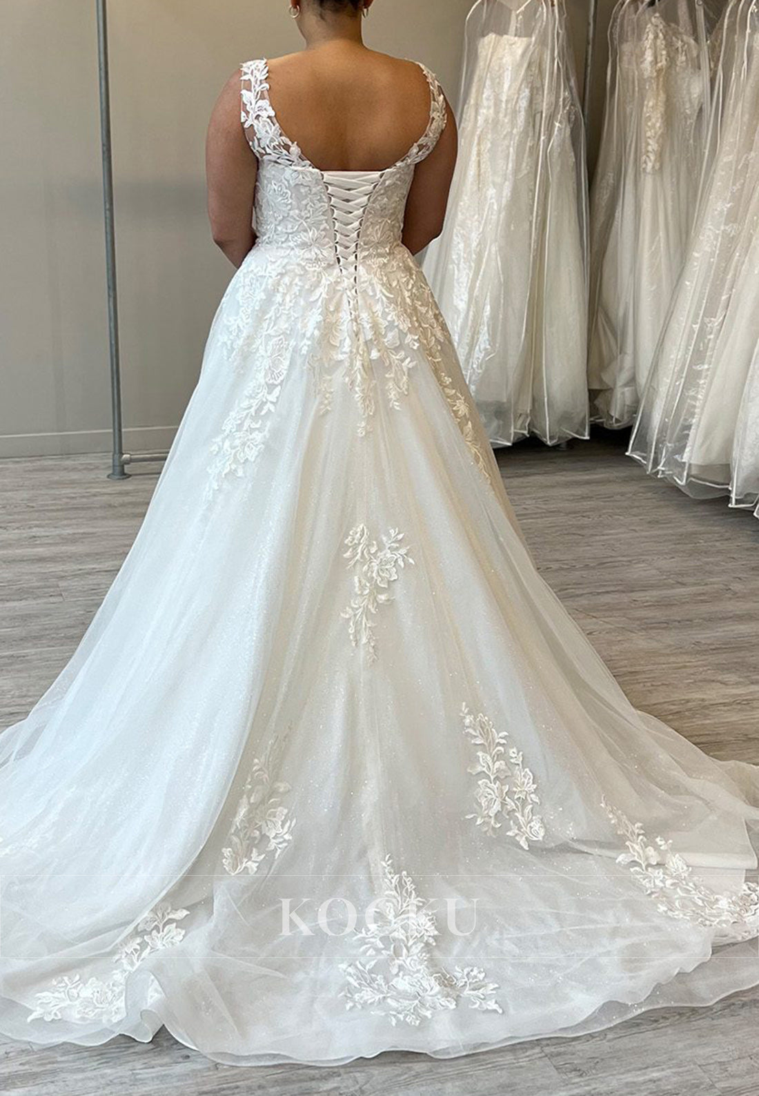 Plunge V - Neck Lace-Up Tulle Ball Gown Wedding Dress with Floral Appliqués