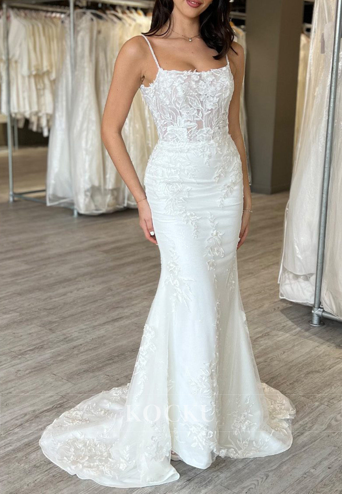 Spaghetti Strap Backless Sheer Lace Mermaid Wedding Dress with Floral Embroidery