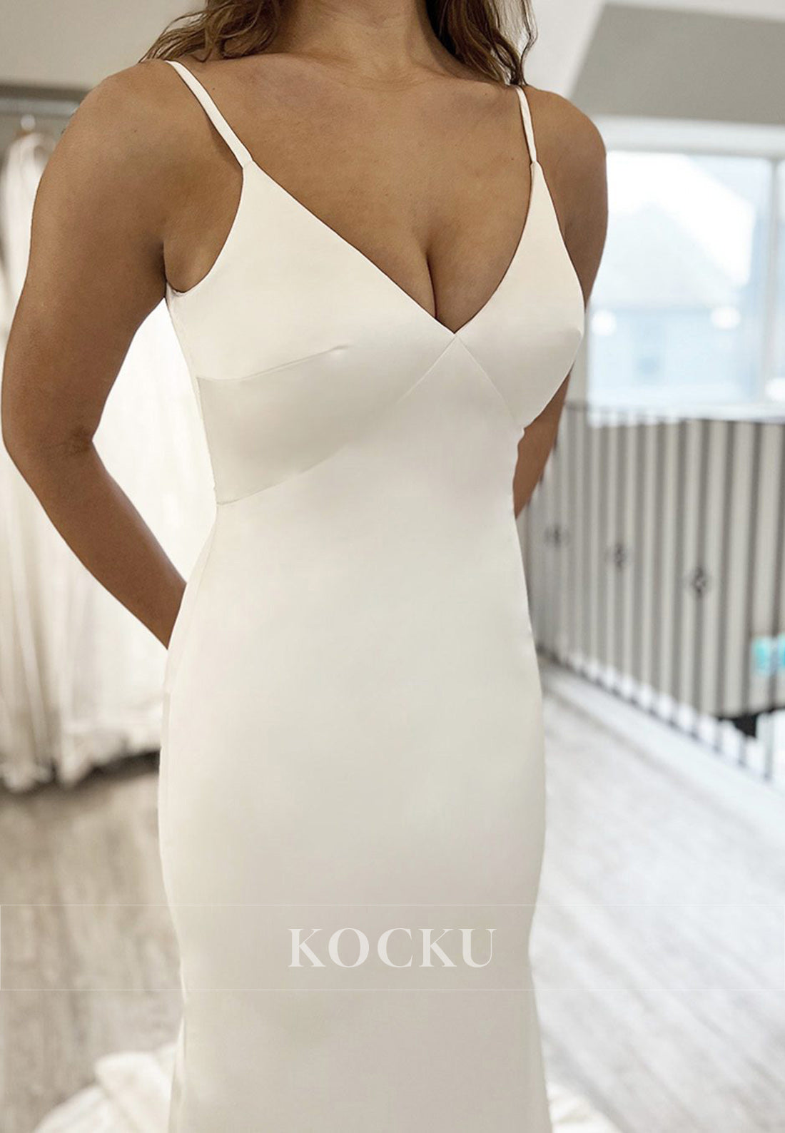 Spaghetti Strap Plunge V - Neck Satin Mermaid Wedding Dress with Train