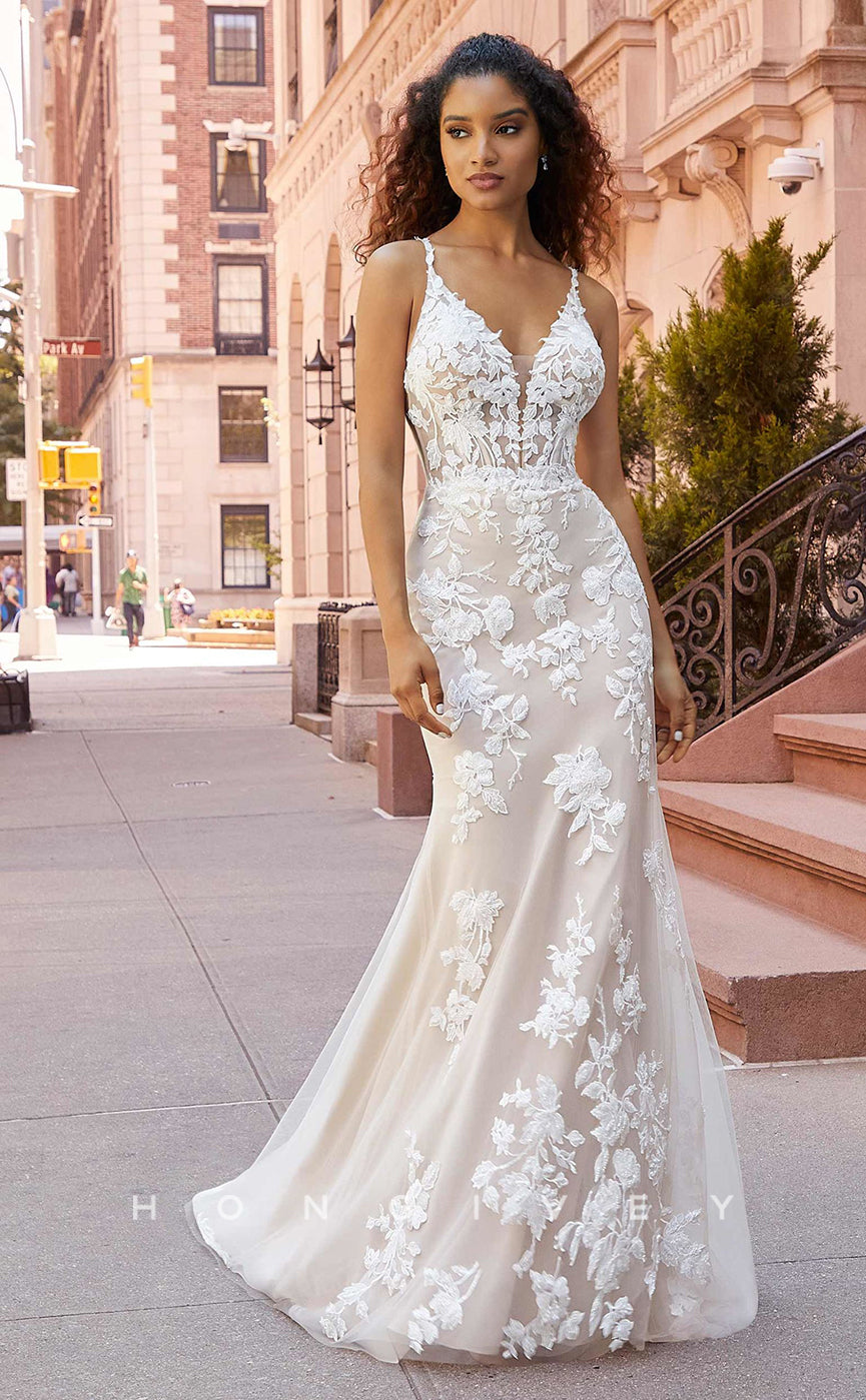 H0836 - Sheer Floral Embroidered Lace Plunging Illusion Mermaid With Overskirt And Tulle Train Pricess Wedding Dress - Fashionpara