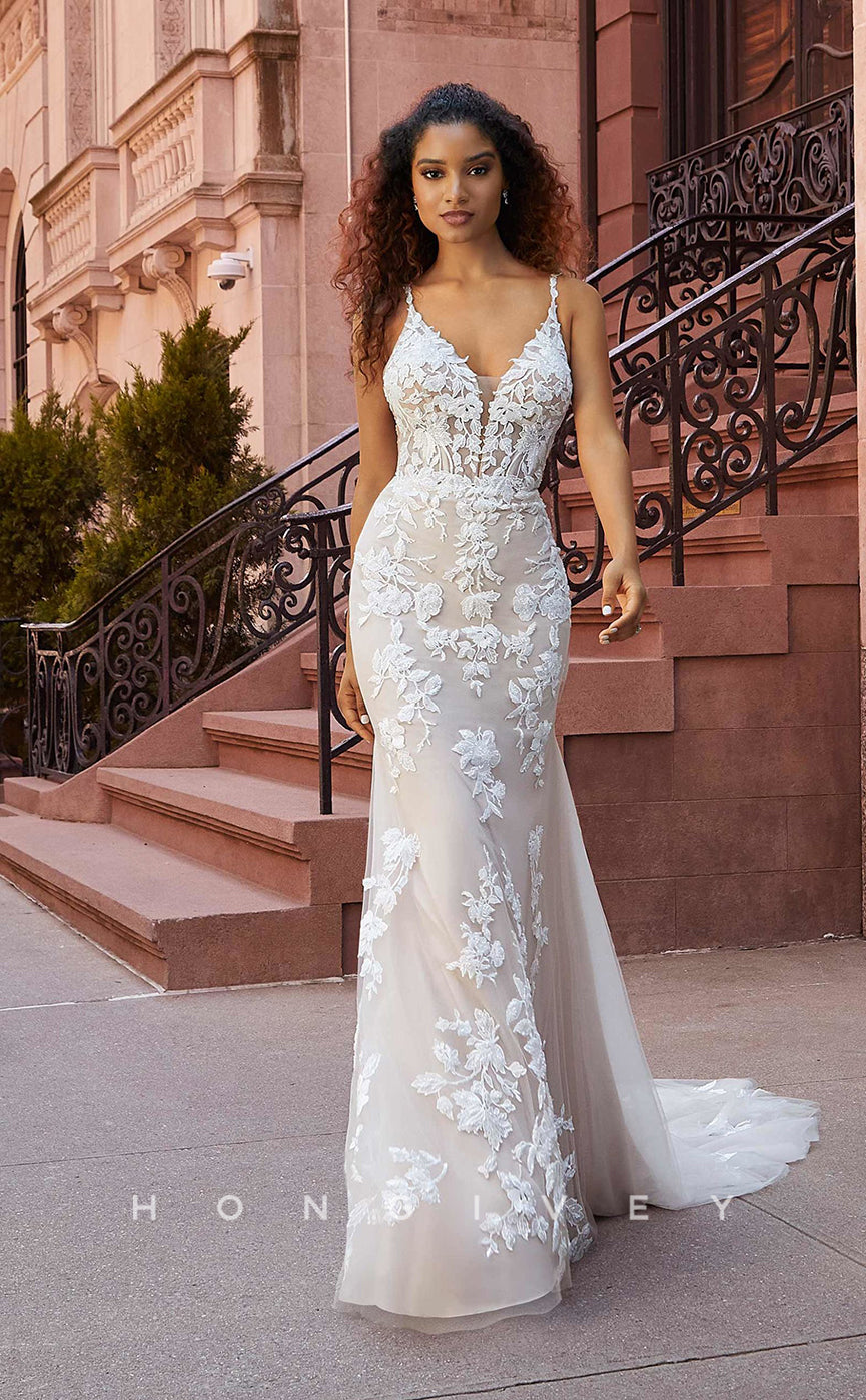 H0836 - Sheer Floral Embroidered Lace Plunging Illusion Mermaid With Overskirt And Tulle Train Pricess Wedding Dress - Fashionpara
