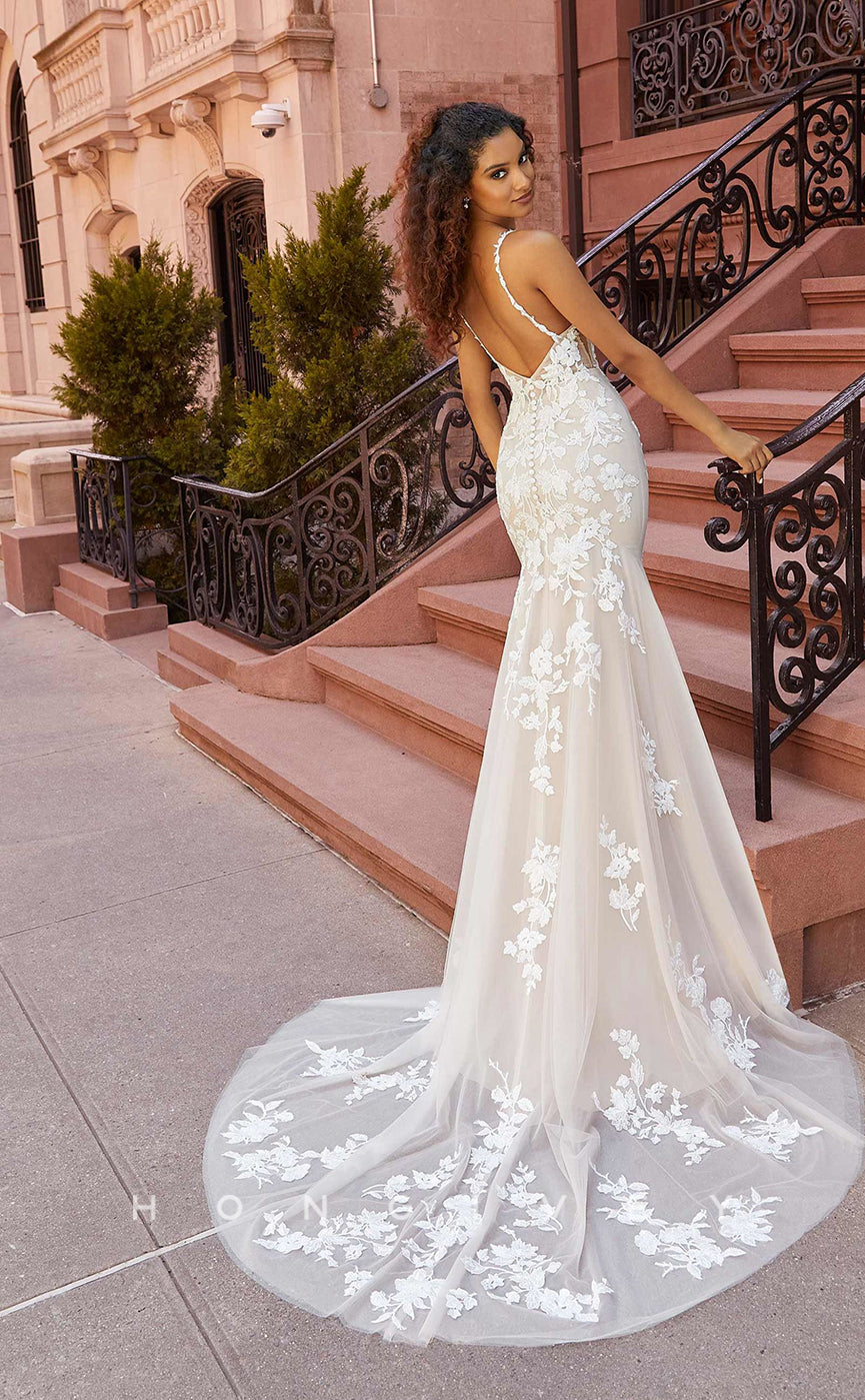 H0836 - Sheer Floral Embroidered Lace Plunging Illusion Mermaid With Overskirt And Tulle Train Pricess Wedding Dress - Fashionpara