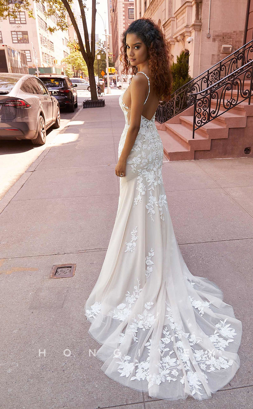 H0836 - Sheer Floral Embroidered Lace Plunging Illusion Mermaid With Overskirt And Tulle Train Pricess Wedding Dress - Fashionpara