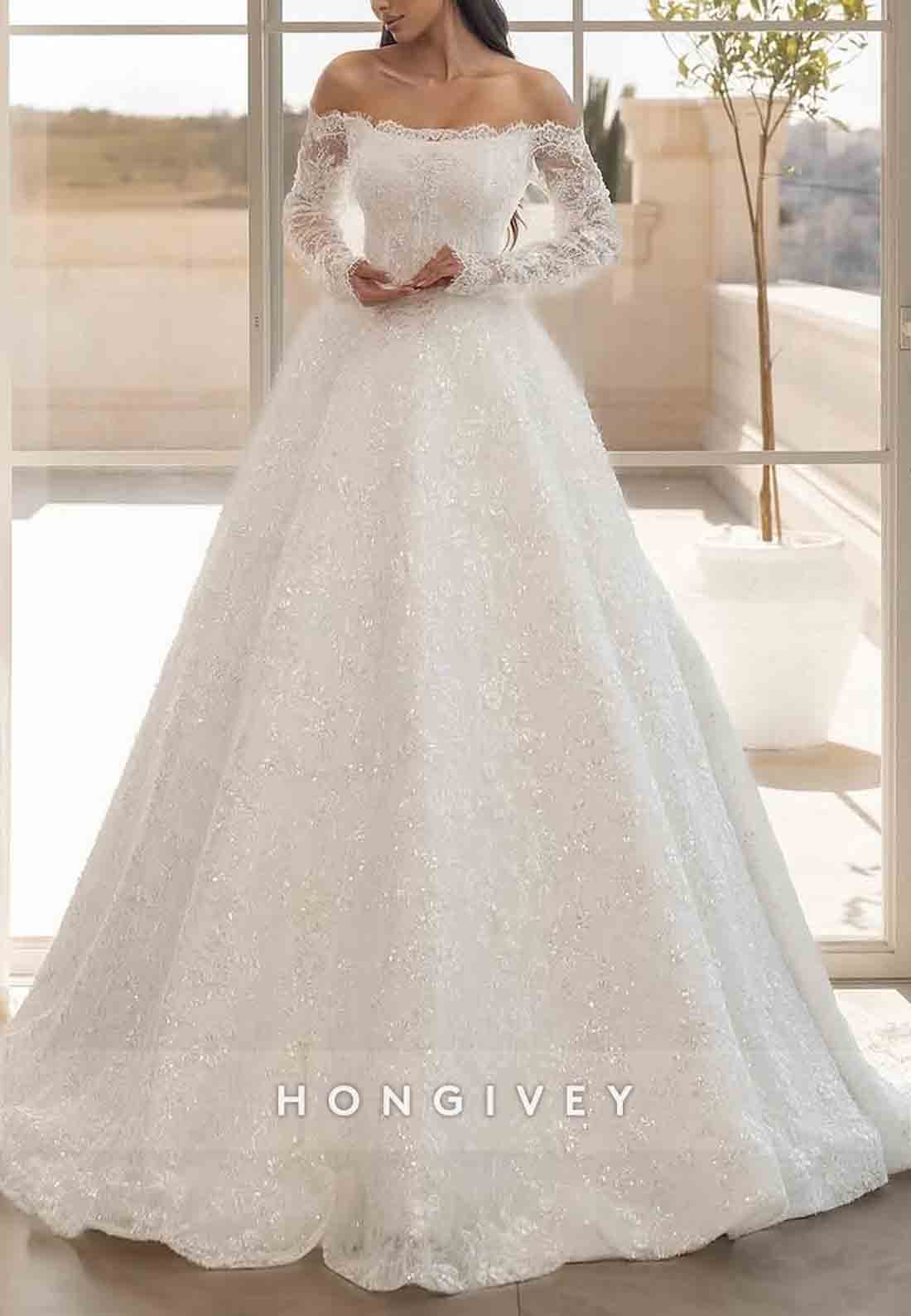 Off the Shoulder Long Sleeves Pleated Sweep Train Princess Lace Wedding Dresses