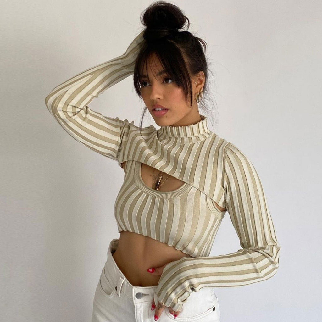 Weird Striped High Neck Long Sleeve Crop Sweater - Apricot 2