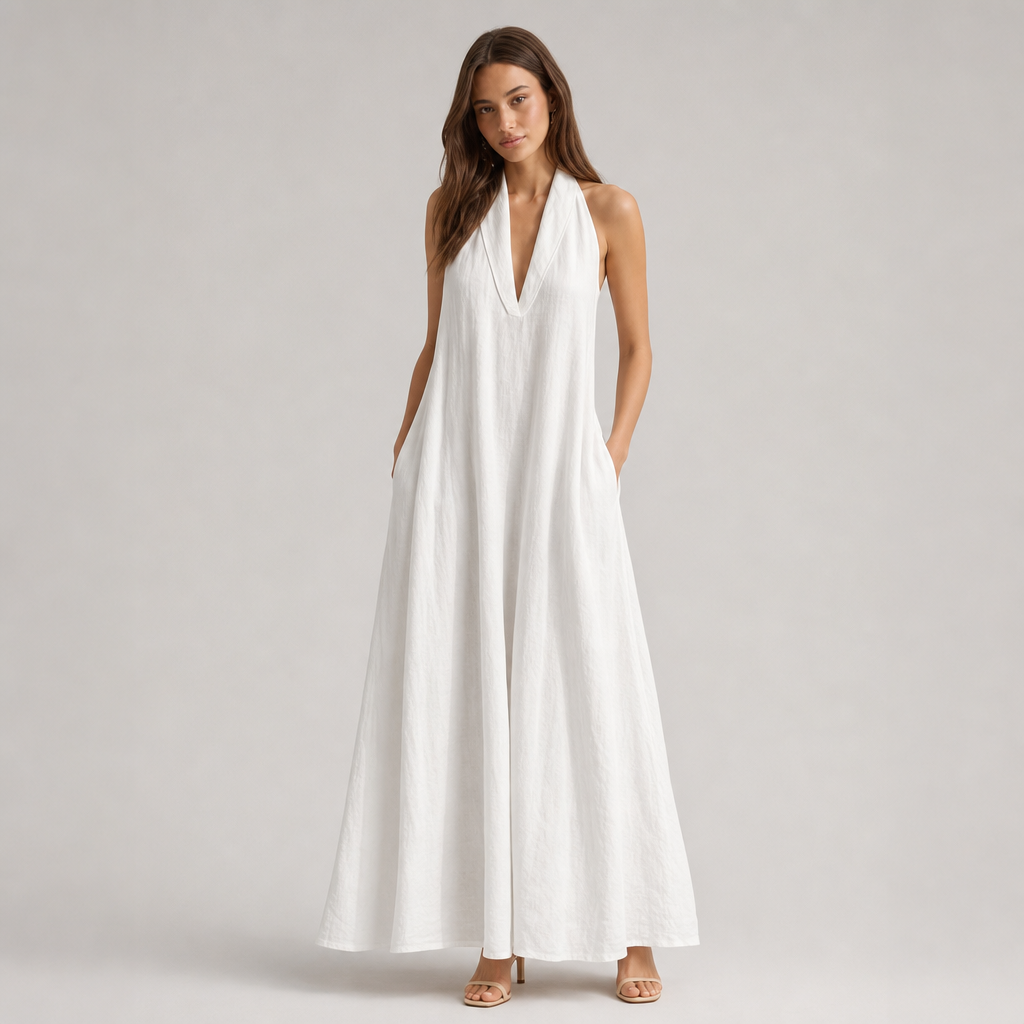 Halter V-Neck Sleeveless A-Line Linen Maxi Dress 7
