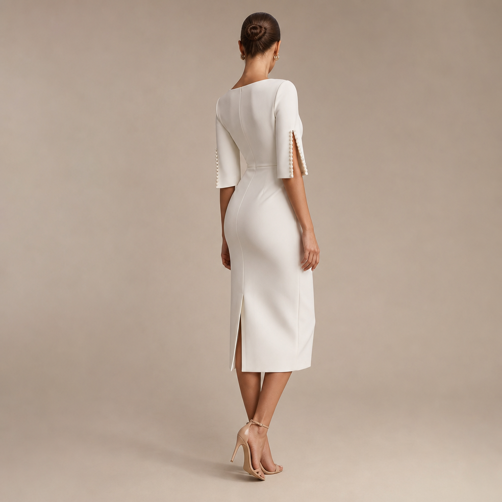 Boat Neck Pearl Split Sleeve Bodycon Midi Dress 9