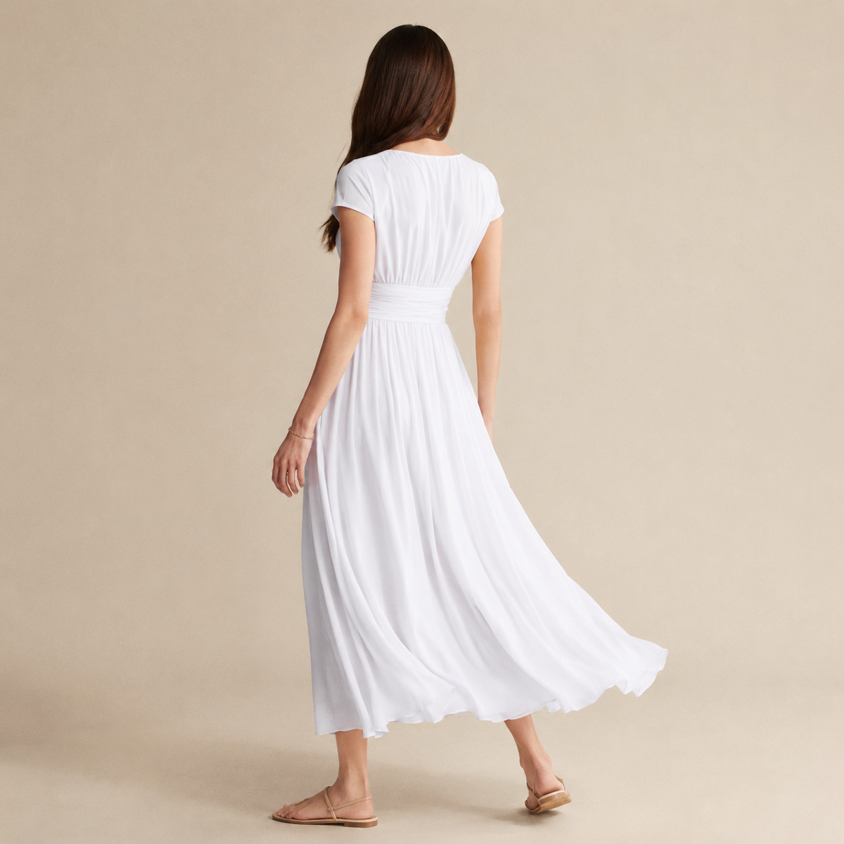V-Neck Cap Sleeve Ruched Waist Chiffon Midi Dress 15