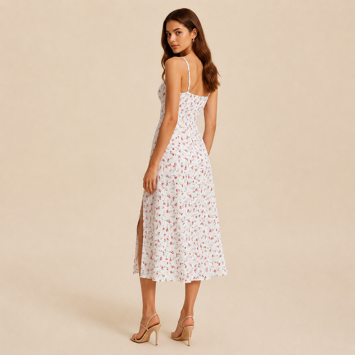 Ditsy Floral Strappy High Split Satin Midi Dress 6