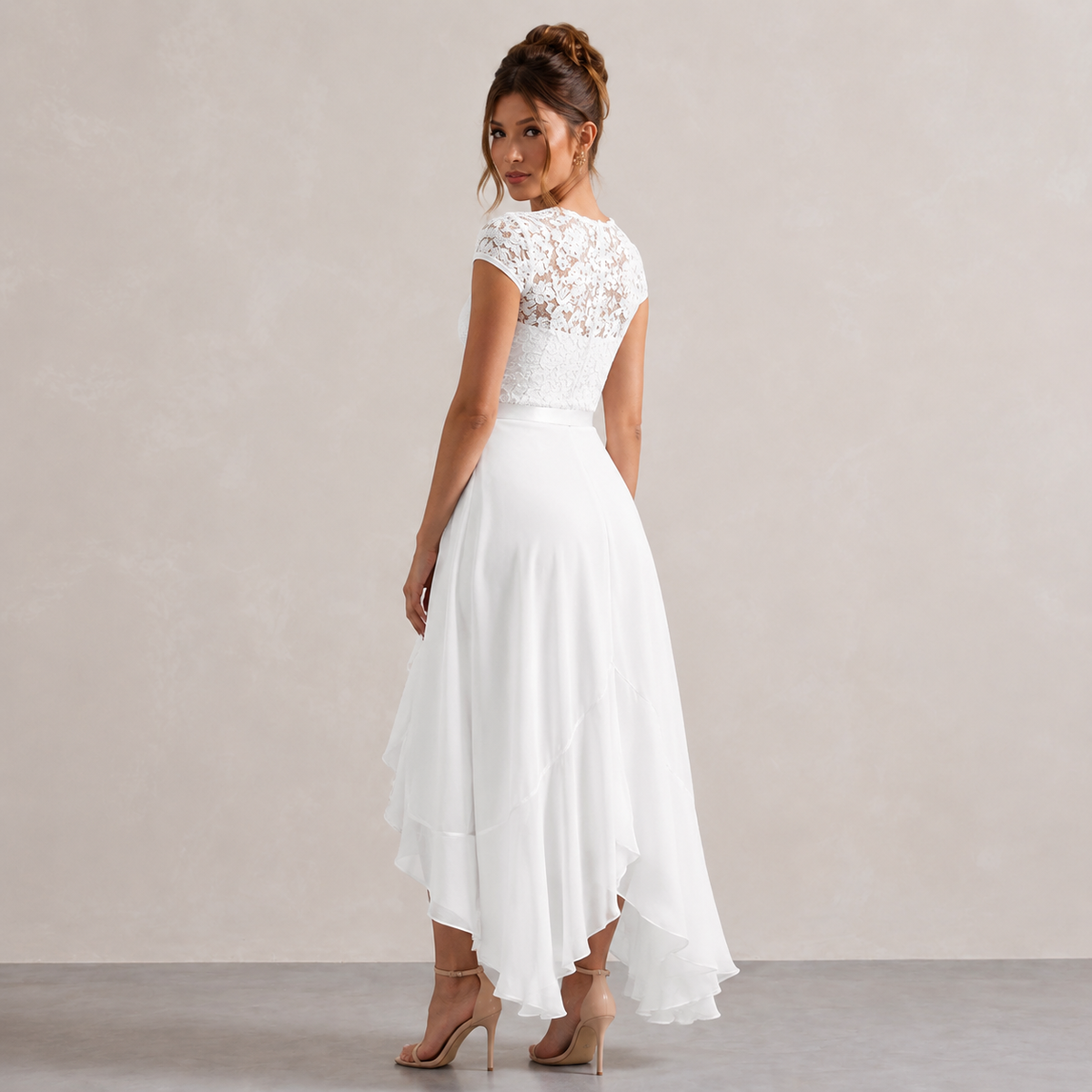 V-Neck Cap Sleeve Lace Bodice Ruffle High Low Midi Dress 6