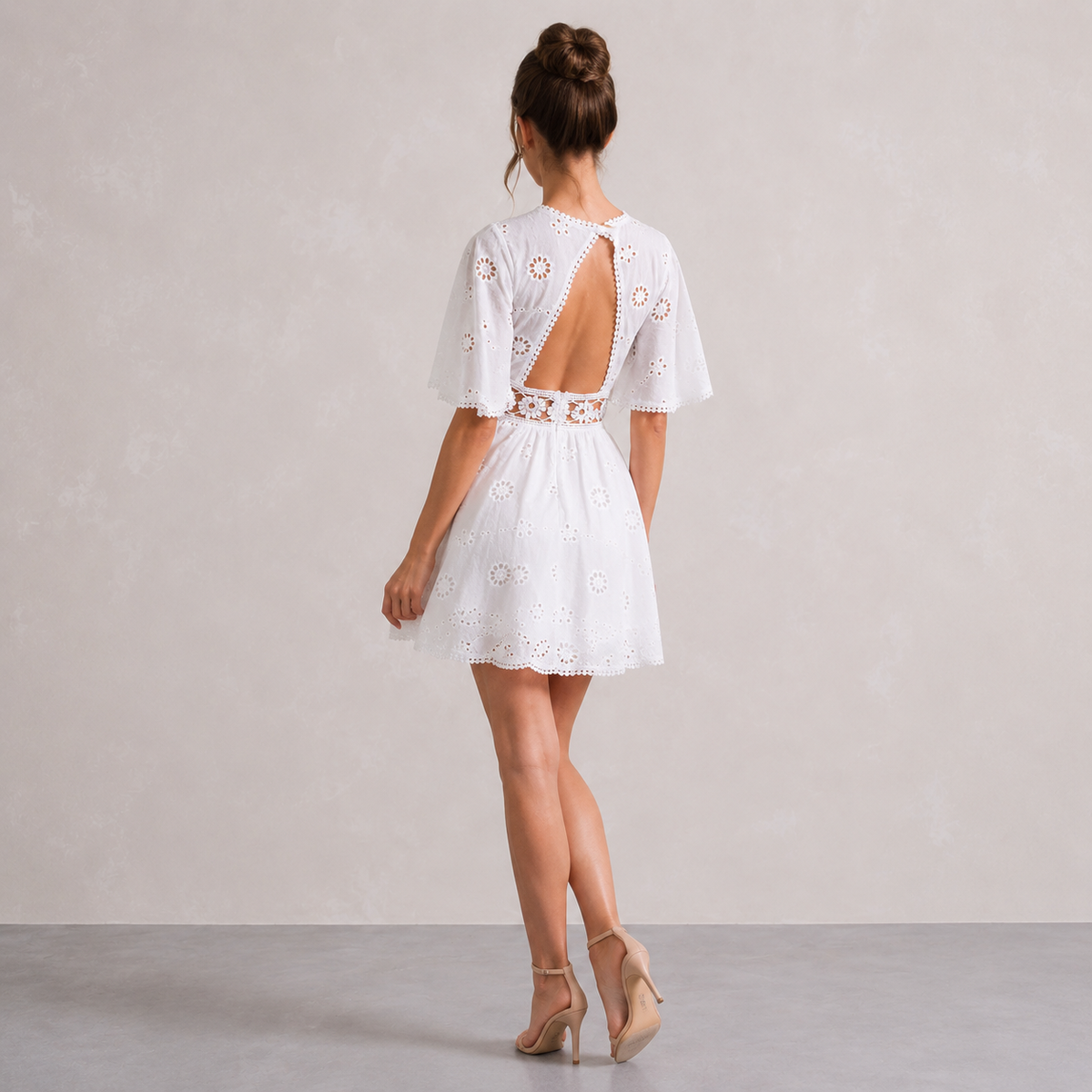 Broderie Flutter Sleeve Waist Cut Out Skater Mini Dress 3