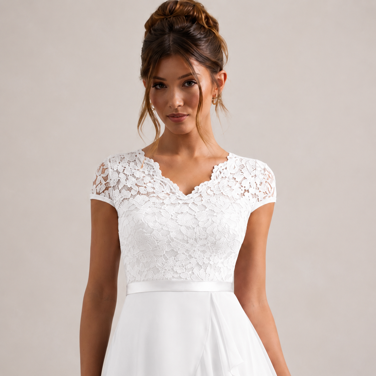 V-Neck Cap Sleeve Lace Bodice Ruffle High Low Midi Dress 5
