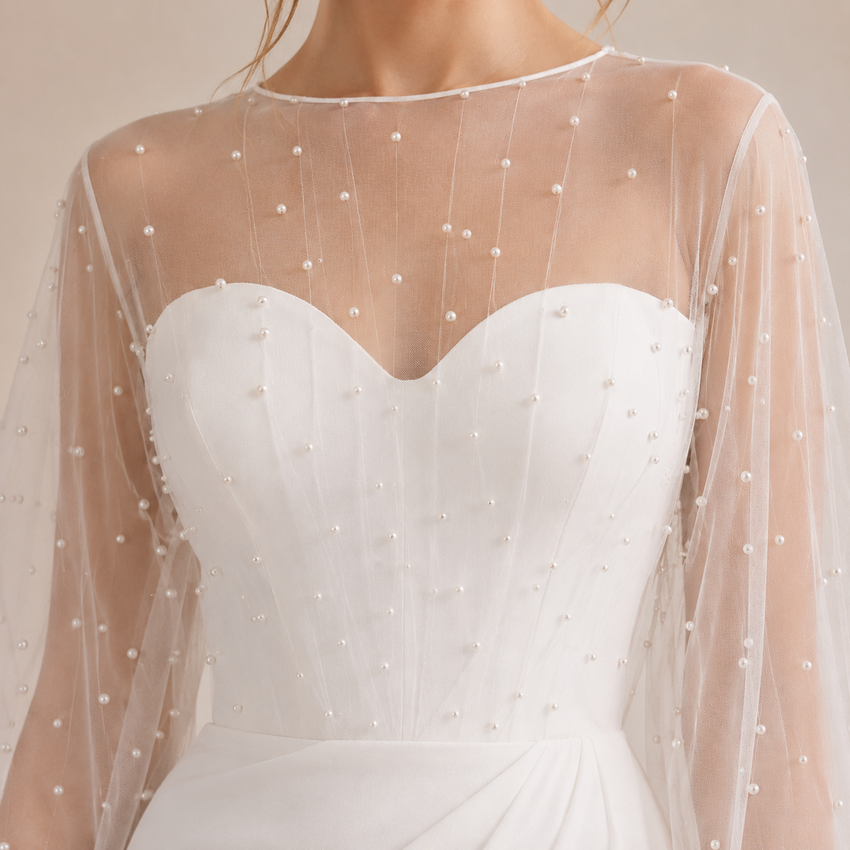 Pearl Sheer Sleeve Ruched High Split Maxi Gown 2