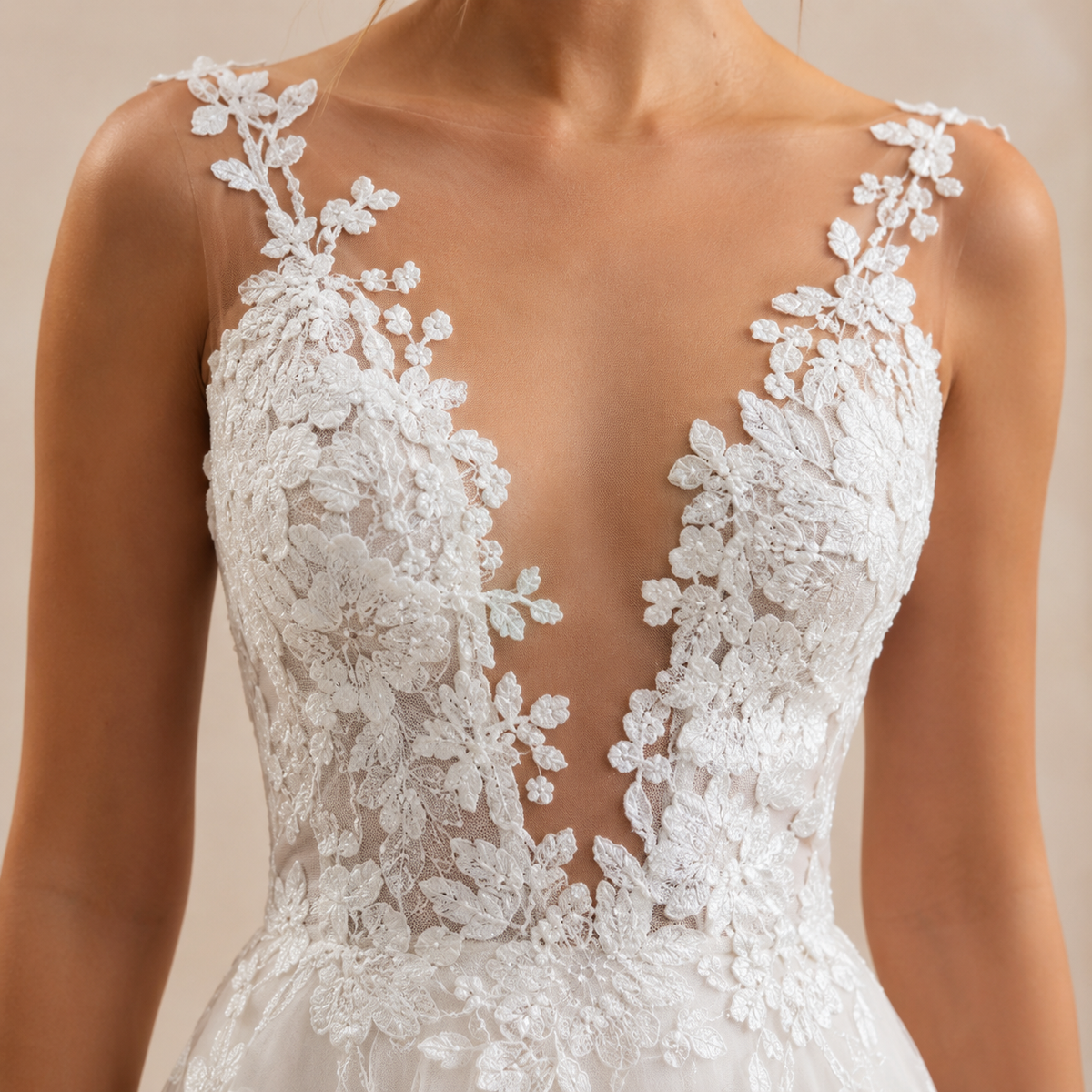 Deep V-Neck Floral Lace A-Line Wedding Gown 2