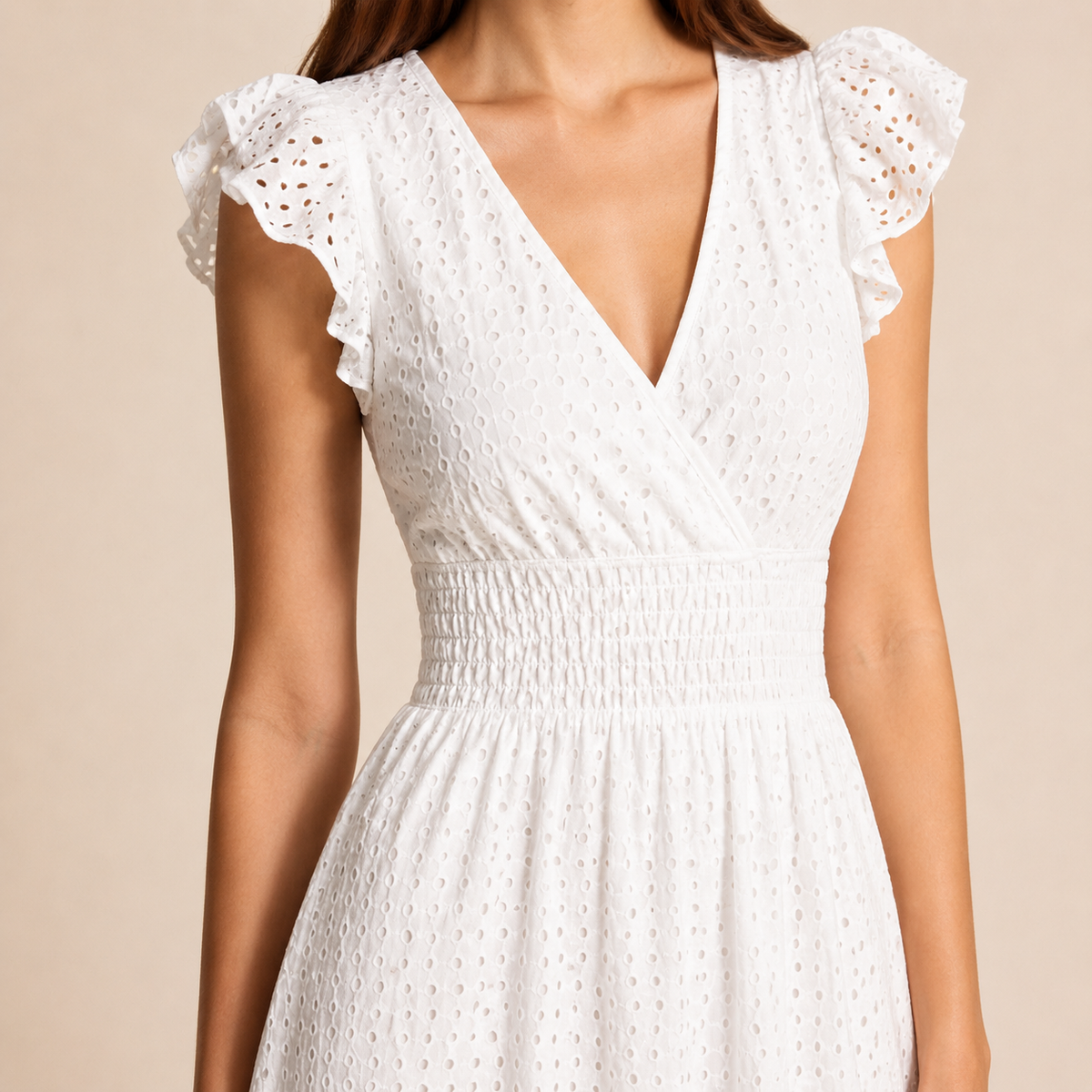 Broderie V-Neck Flutter Sleeve Shirred Waist A-Line Midi Dress 6