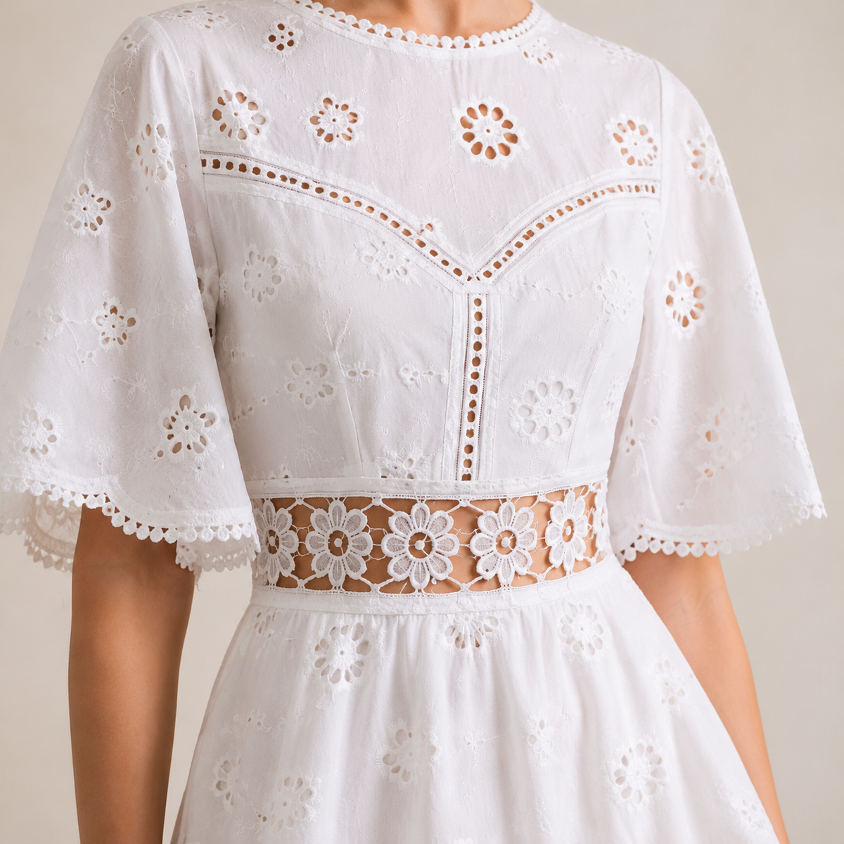 Broderie Flutter Sleeve Waist Cut Out Skater Mini Dress 2