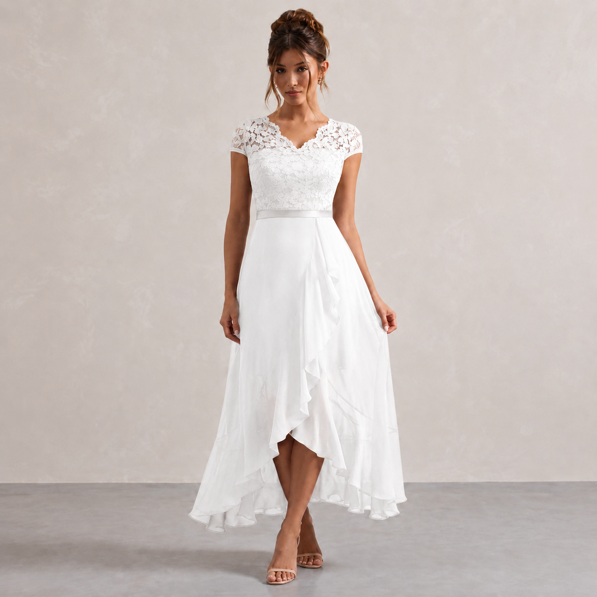 V-Neck Cap Sleeve Lace Bodice Ruffle High Low Midi Dress 4