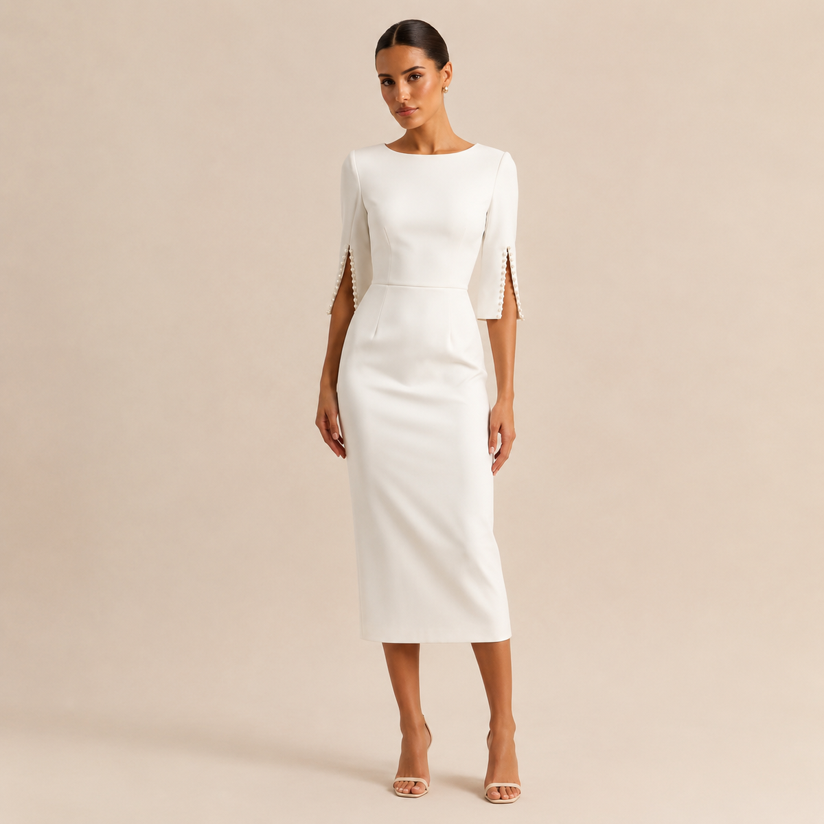Boat Neck Pearl Split Sleeve Bodycon Midi Dress 4