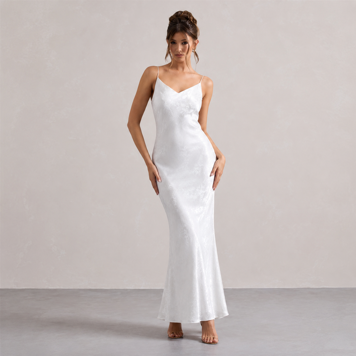 V-Neck Strappy Jacquard Satin Slip Maxi Dress 4