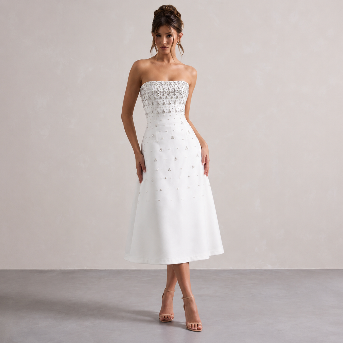 Strapless Pearl Embellished Fit and Flare Midi Dress 4