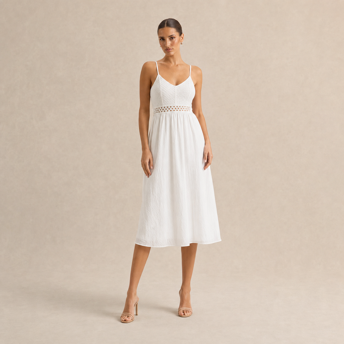 V-Neck Shirred Bodice Cut Out A-Line Midi Dress 4