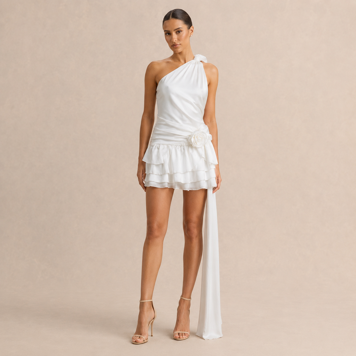 One Shoulder Rosette Ruffle Tiered Mini Dress 4