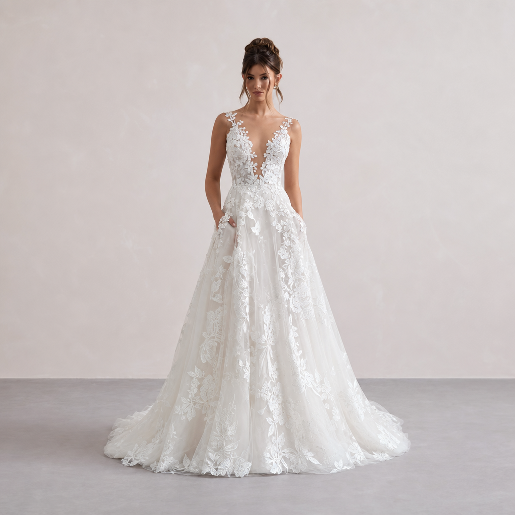 Deep V-Neck Floral Lace A-Line Wedding Gown
