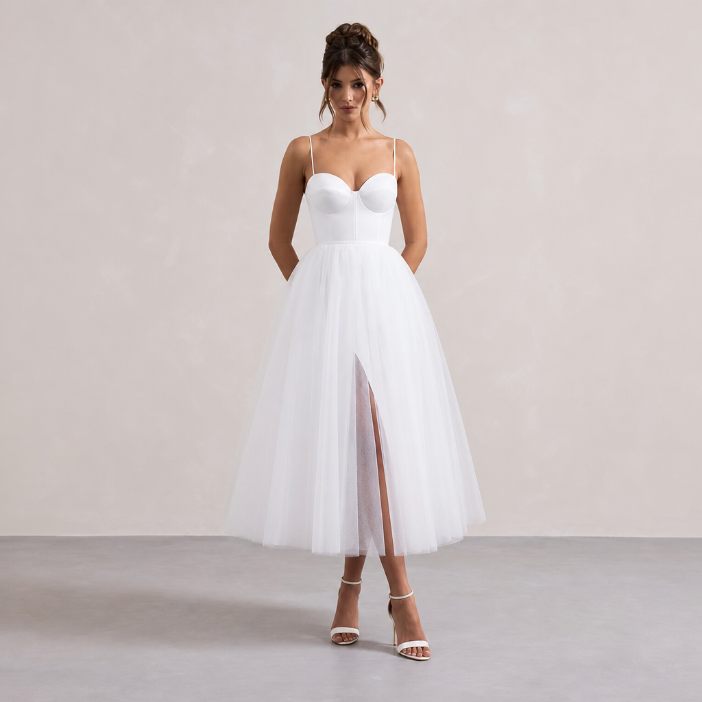 Sweetheart Strappy Corset Split Tulle Midi Dress 4