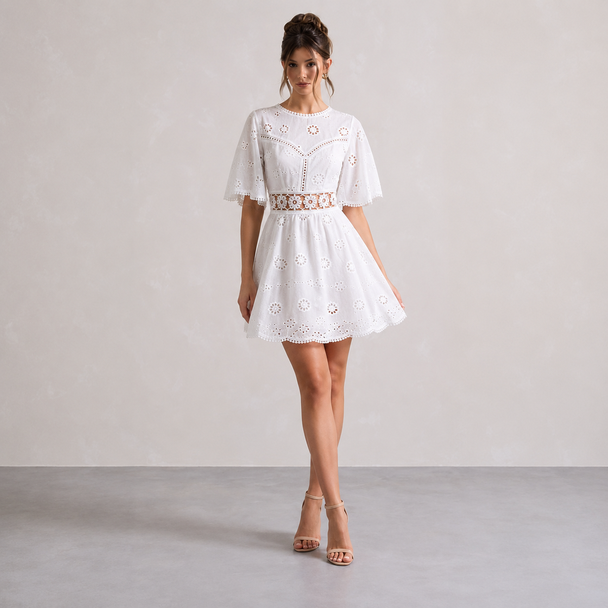 Broderie Flutter Sleeve Waist Cut Out Skater Mini Dress
