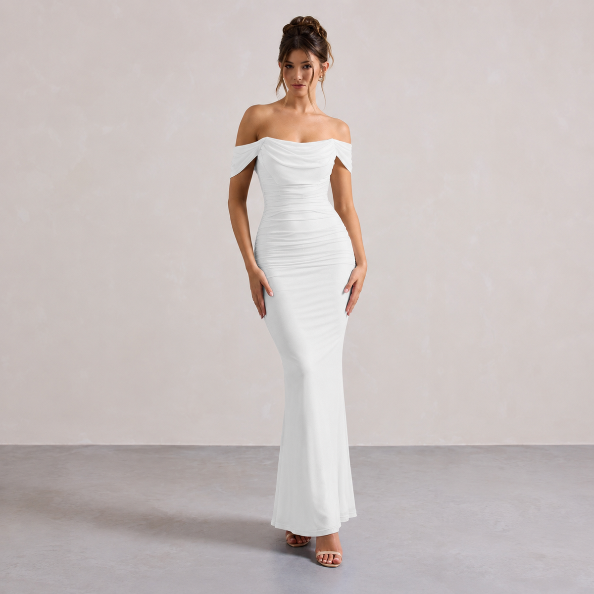 Off Shoulder Ruched Fishtail Maxi Gown 4