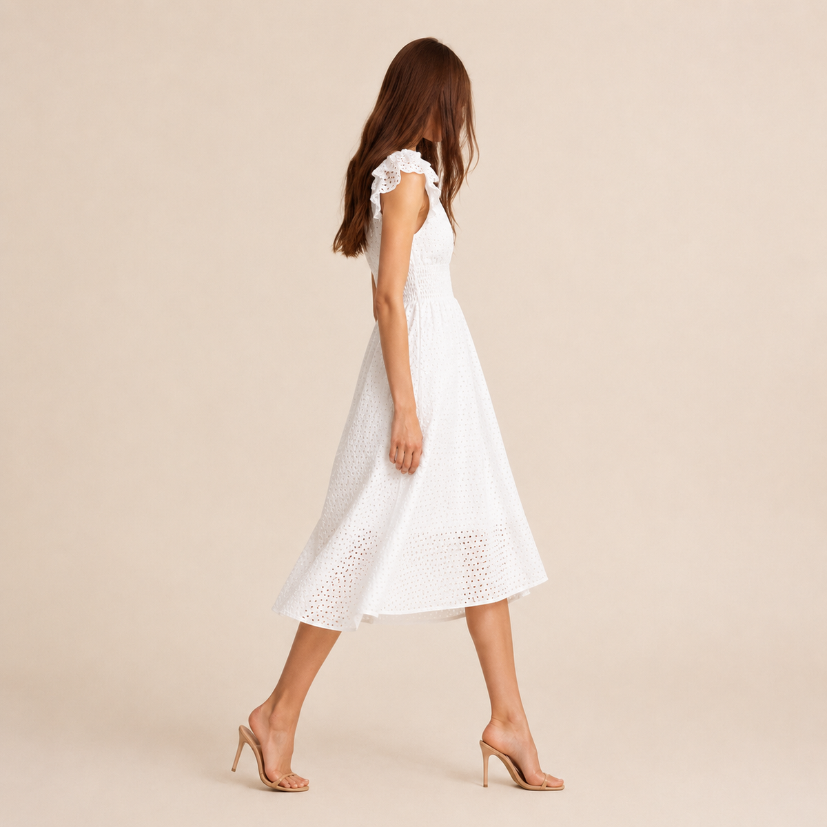 Broderie V-Neck Flutter Sleeve Shirred Waist A-Line Midi Dress 8