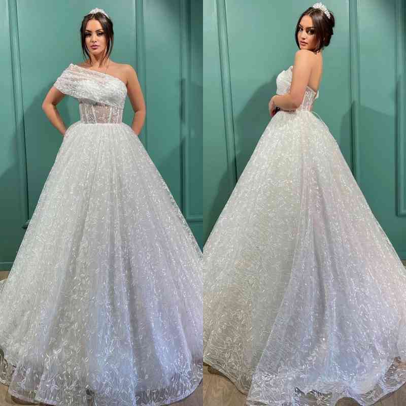 White Ball Gown Wedding Dress Lace With Off-the-Shoulder - Fashionpara