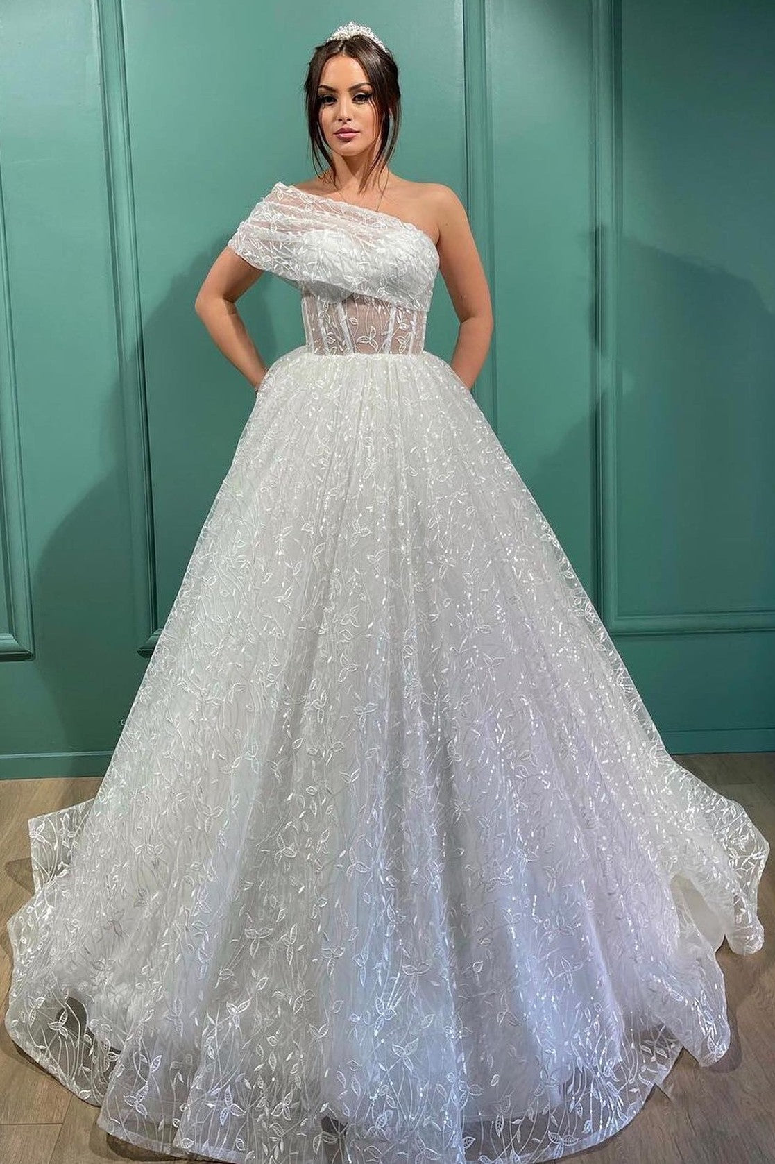 White Ball Gown Wedding Dress Lace With Off-the-Shoulder - Fashionpara