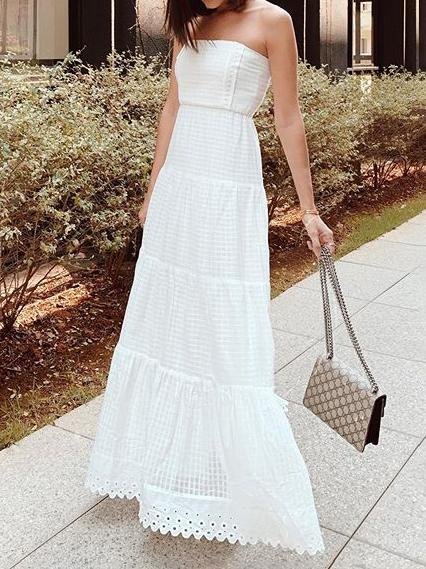 White Color Tube Top Off Shoulder Long Holiday Dress Ins Street