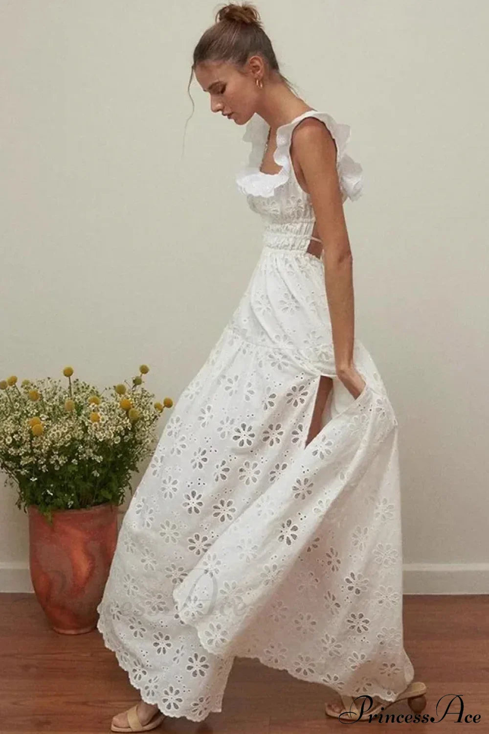 White Cotton Floral Lace Maxi Dress