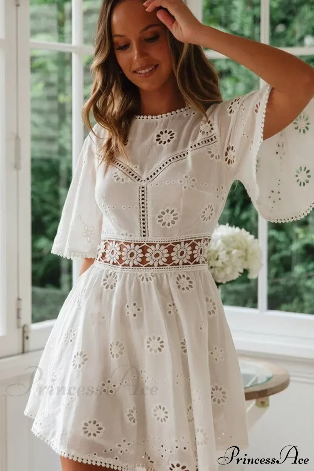 White Cotton Half Sleeve Sexy Backless Hollow Out Mini Boho Dress