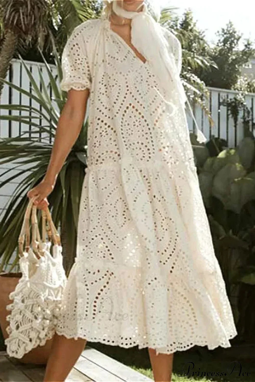 White Cotton Long Lace Dress WHITE / One Size bohodress-250126