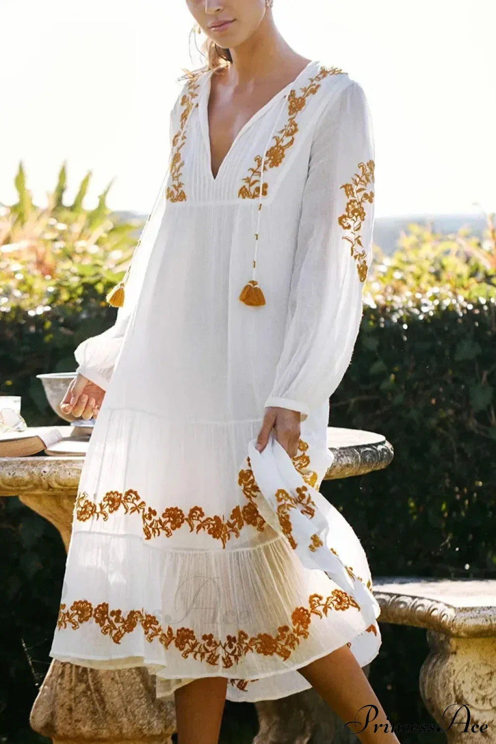 White Deep V Neck Long Sleeve Dress WHITE / S bohodress-250126
