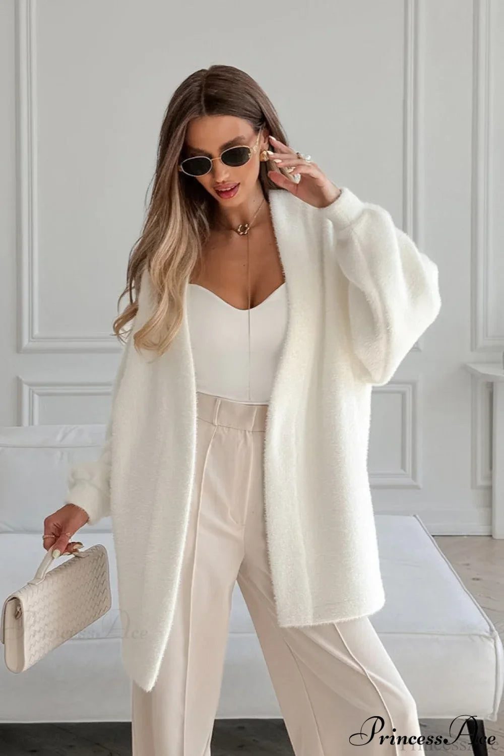 Elegant White Faux Fur Thickened Midi Coat for Chic Style