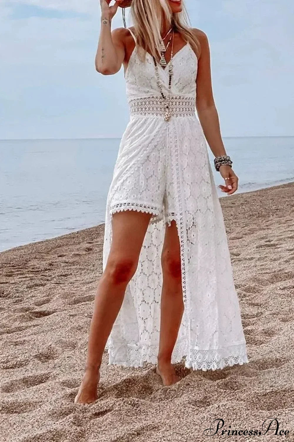 White Hollow Out Lace Strapless Sexy Split Midi Boho Dress