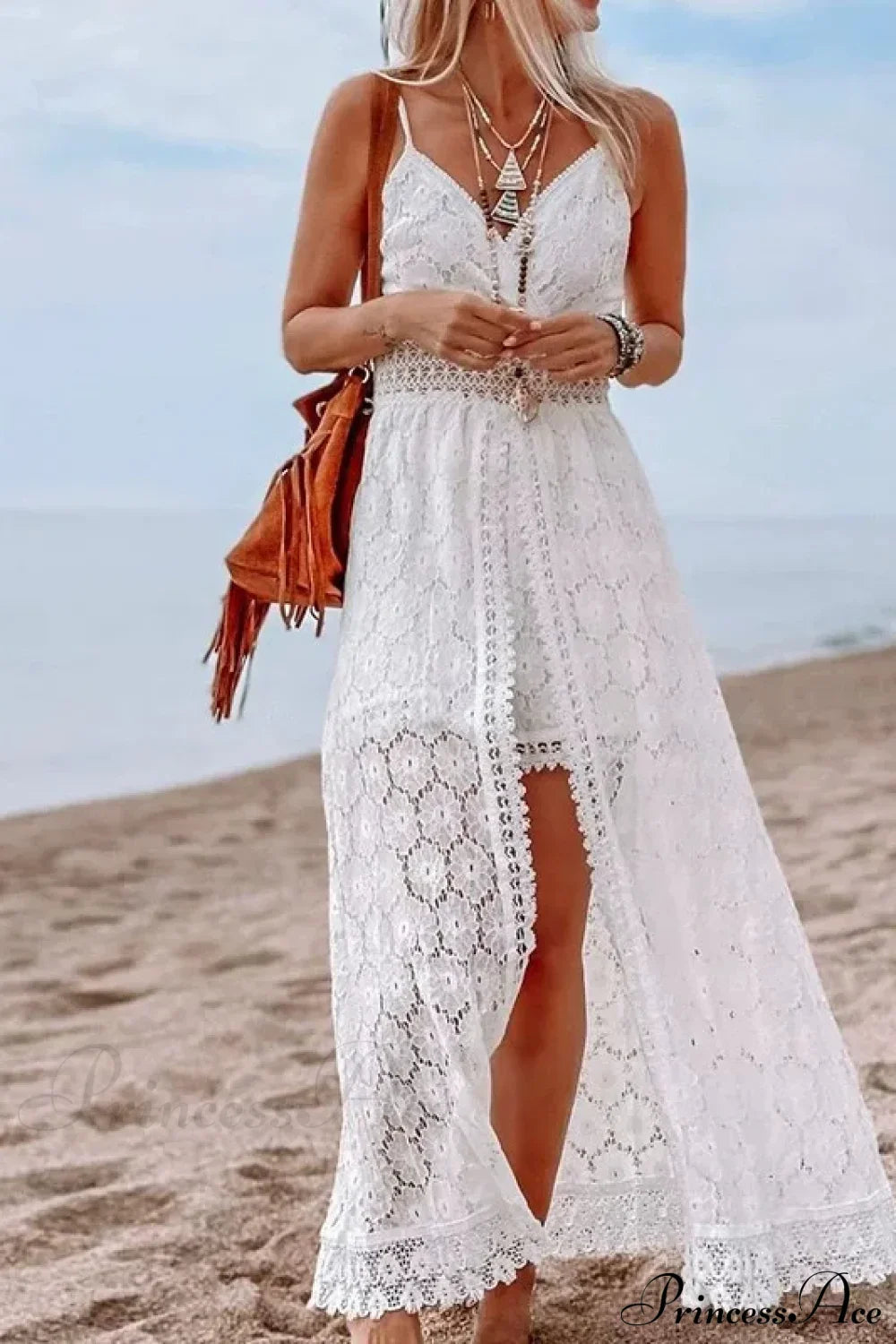 White Hollow Out Lace Strapless Sexy Split Midi Boho Dress White / XS bohodress-250126