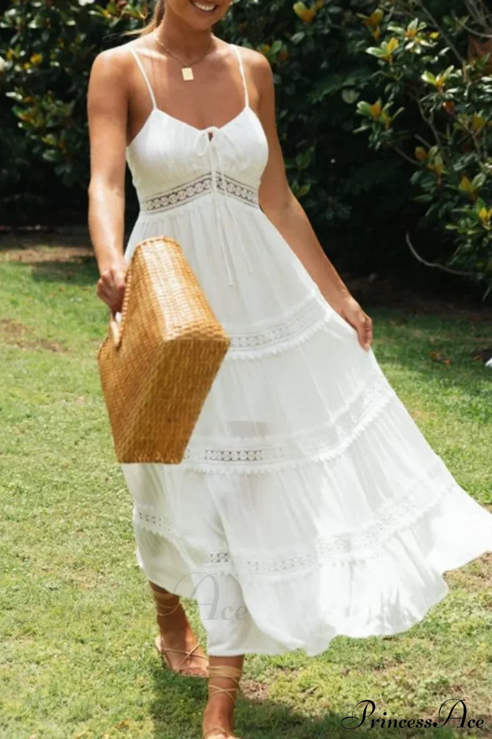 White Hollow Out Strapless Split Sleeveless Maxi Boho Dress